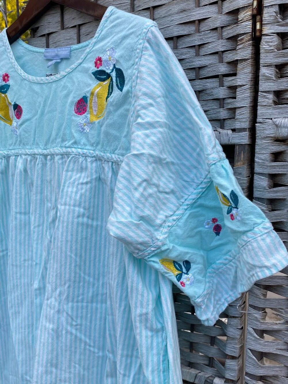 Vintage Only Necessities Lemon Embroidered Striped House Dress Blue MuMu XL
